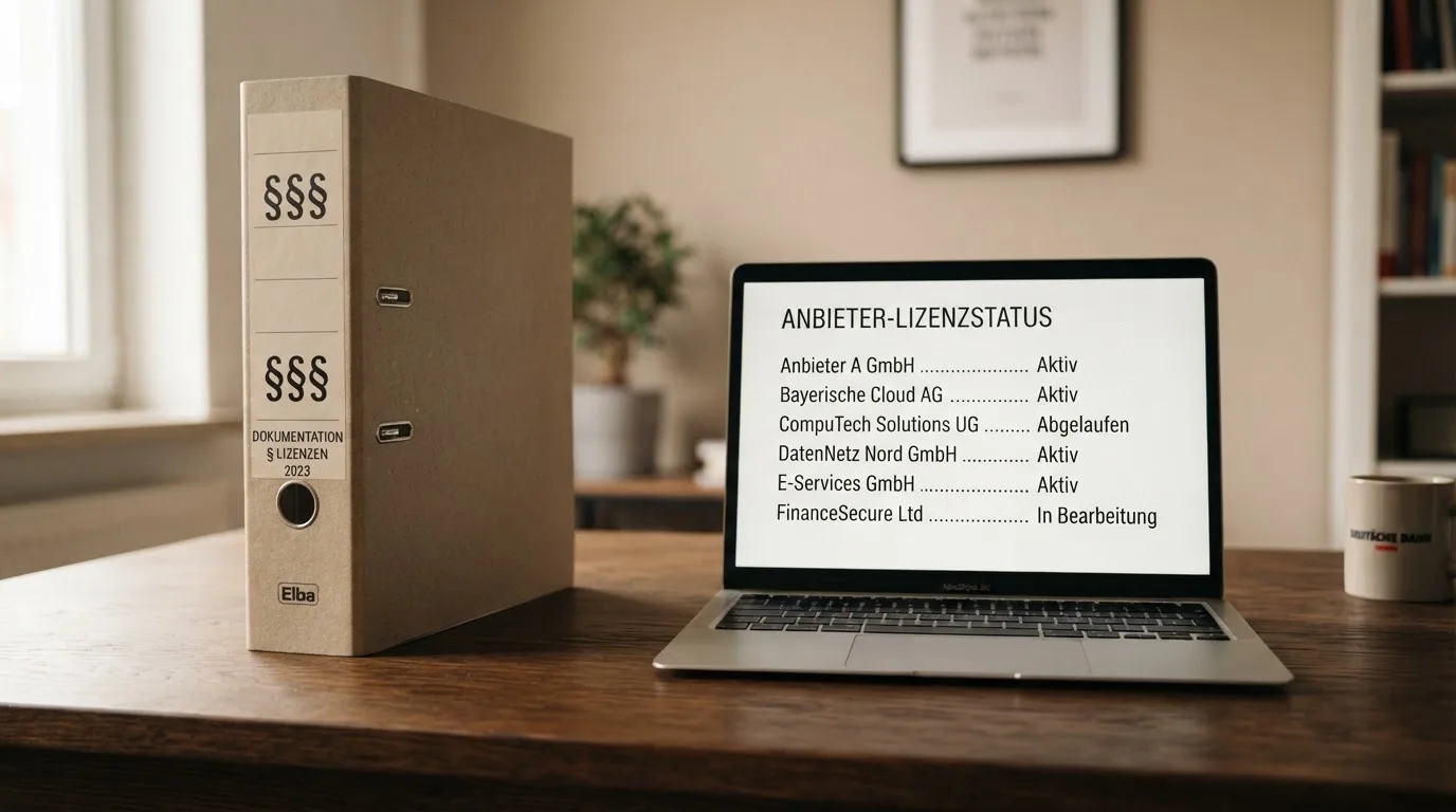 Nahaufnahme eines Aktenordners mit Paragraphenzeichen auf dem Ruecken, daneben ein aufgeklapptes Notebook mit einer Uebersichtsliste lizenzierter Anbieter.