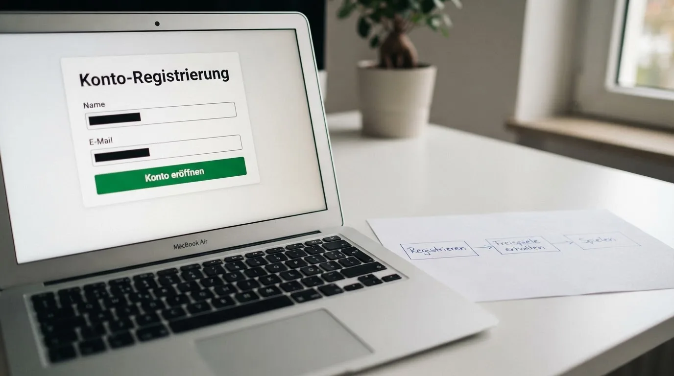 Nahaufnahme eines Laptop-Bildschirms mit einem Formular zur Kontoeroeffnung, daneben ein Blatt Papier mit einer handgezeichneten Ablaufskizze.