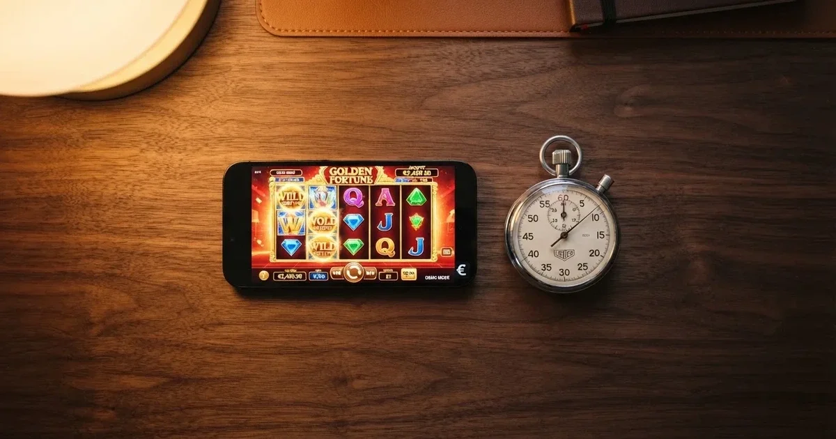 Draufsicht auf ein Smartphone mit einem digitalen Walzenspiel im Demomodus, daneben eine Stoppuhr, die den Abstand zwischen zwei Spins anzeigt.