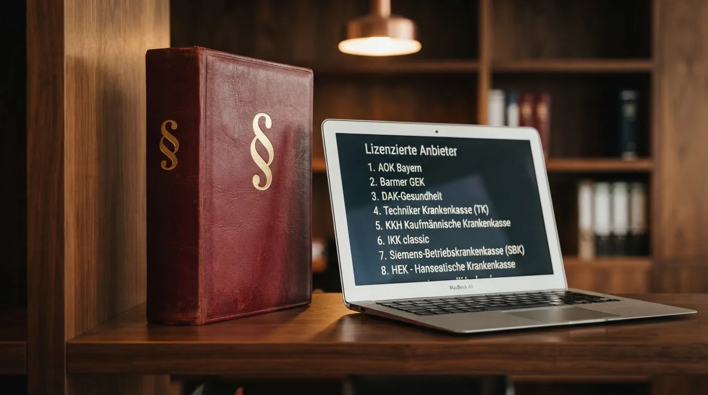 Nahaufnahme eines Aktenordners mit Paragraphenzeichen auf dem Ruecken, daneben ein aufgeklapptes Notebook mit einer Uebersichtsliste lizenzierter Anbieter.