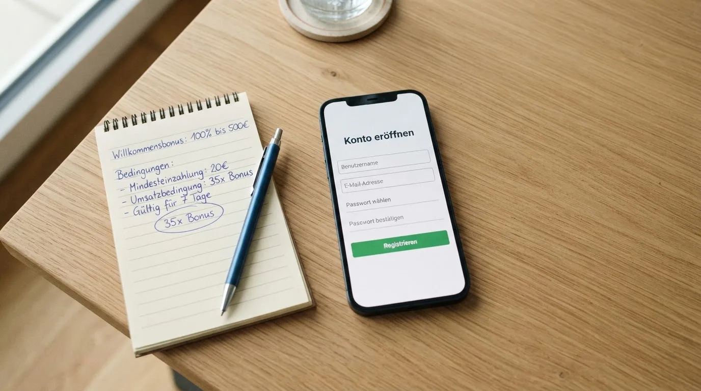 Draufsicht auf ein Smartphone mit einer geoeffneten Registrierungsmaske fuer ein Spielerkonto, daneben ein Notizblock mit handschriftlichen Bonusbedingungen.