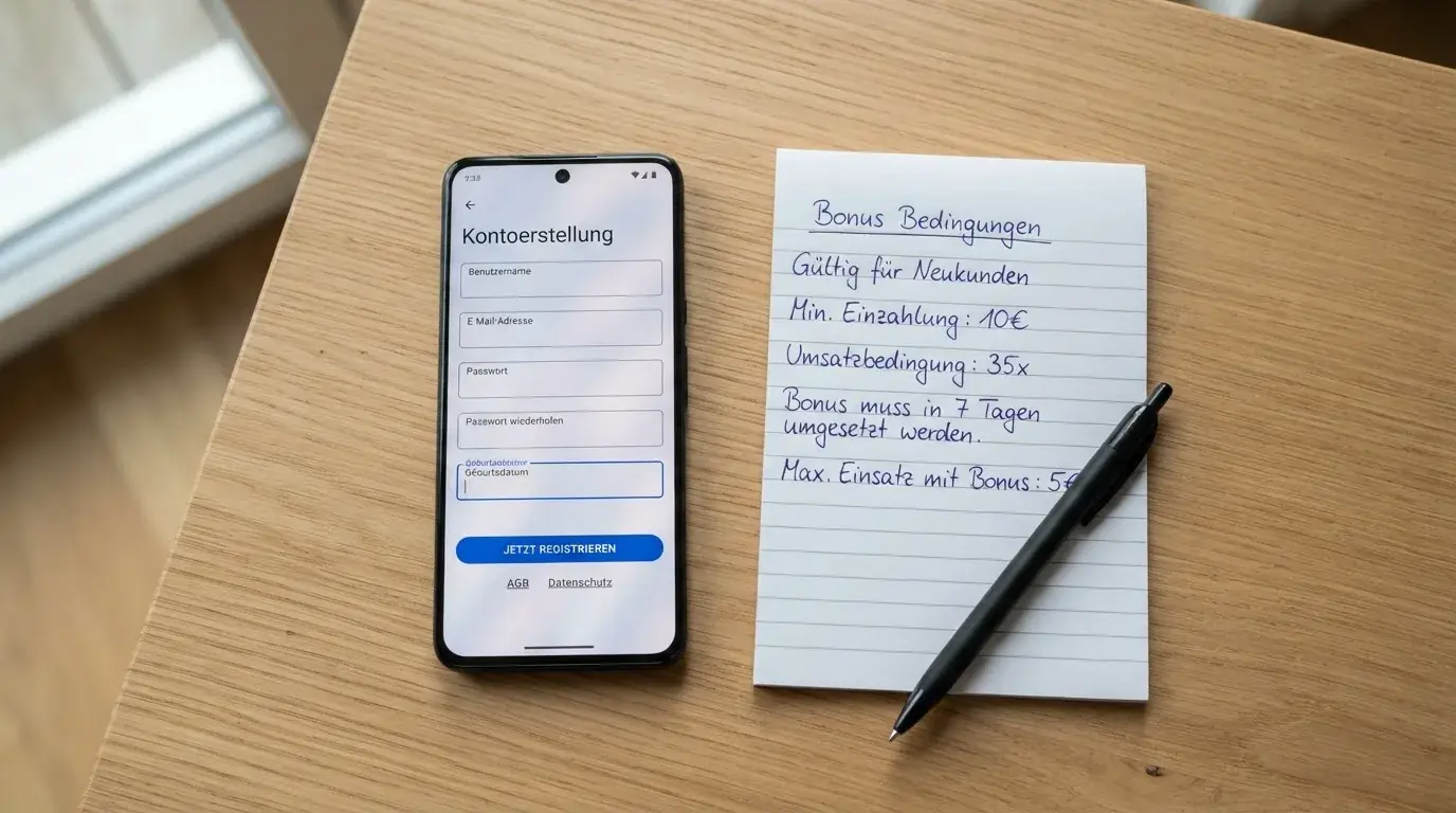 Draufsicht auf ein Smartphone mit einer geoeffneten Registrierungsmaske fuer ein Spielerkonto, daneben ein Notizblock mit handschriftlichen Bonusbedingungen.