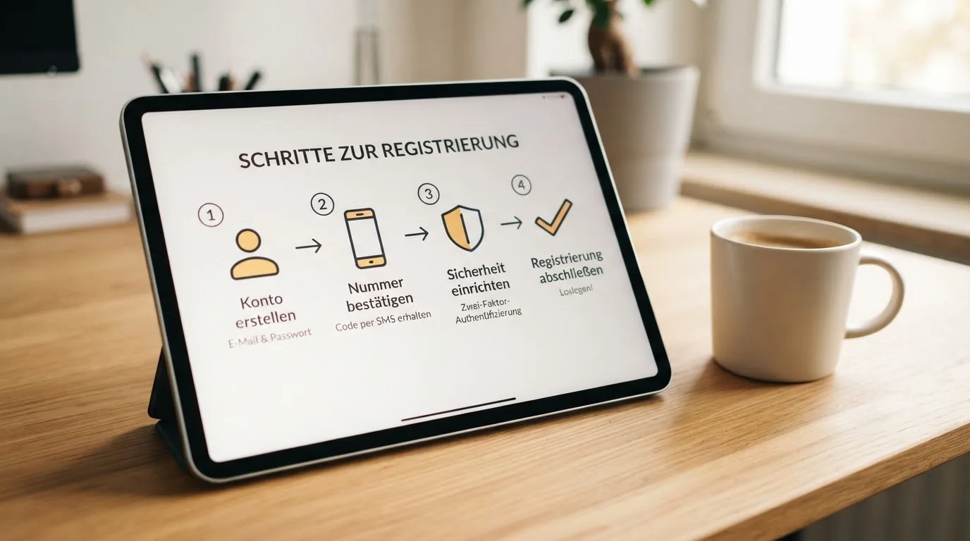 Schreibtisch mit einem Tablet, auf dem ein Schema mit nummerierten Schritten eines Anmeldevorgangs zu sehen ist, daneben ein Kaffeebecher.