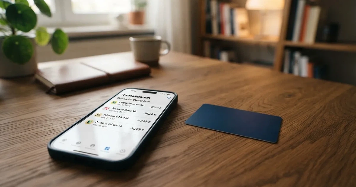 Schreibtisch mit einem Smartphone, auf dessen Bildschirm eine Kontobewegung mit Datum und Betrag in Euro angezeigt wird, daneben eine Bankkarte.