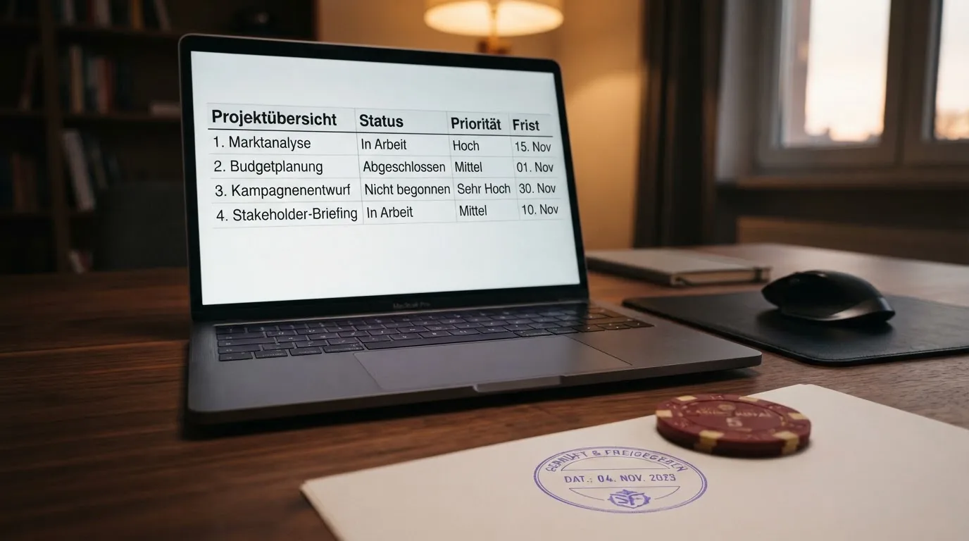 Schreibtisch mit einem gedruckten Amtsdokument, einem Stempel und einem Bildschirm, auf dem eine offizielle Whitelist-Tabelle angezeigt wird.