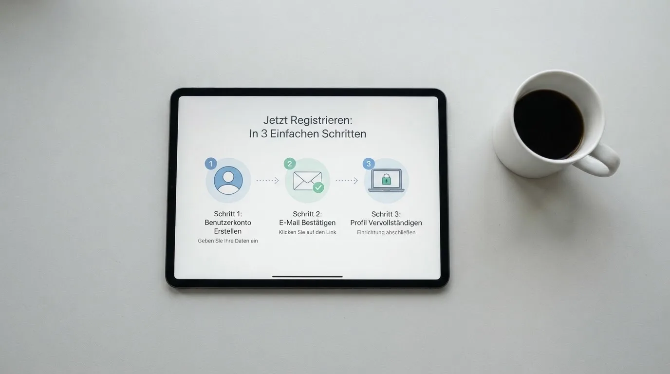 Schreibtisch mit einem Tablet, auf dem ein Schema mit nummerierten Schritten eines Anmeldevorgangs zu sehen ist, daneben ein Kaffeebecher.