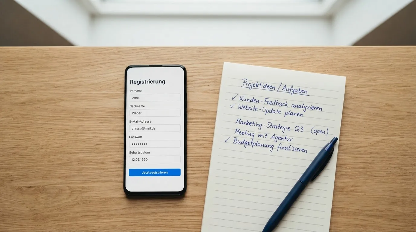 Draufsicht auf ein Smartphone mit einer geoeffneten Registrierungsmaske fuer ein Spielerkonto, daneben ein Notizblock mit handschriftlichen Bonusbedingungen.