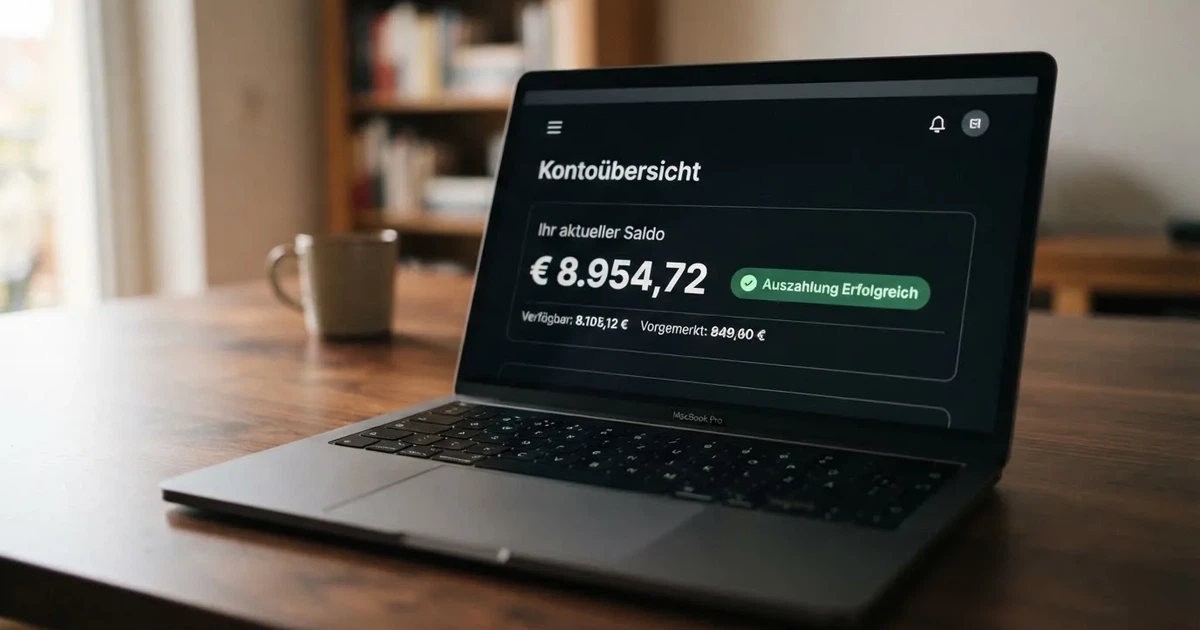 Nahaufnahme eines Laptop-Bildschirms mit einer Kontouebersicht, auf der ein Guthabenbetrag in Euro und ein Auszahlungsstatus zu sehen sind.