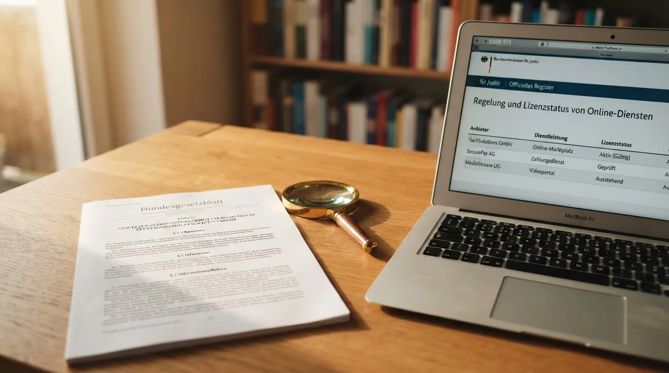 Schreibtisch mit einem ausgedruckten Gesetzestext, einer Lupe und einem Laptop, auf dessen Bildschirm eine Behoerdenwebsite mit einer Liste erlaubter Anbieter zu sehen ist.