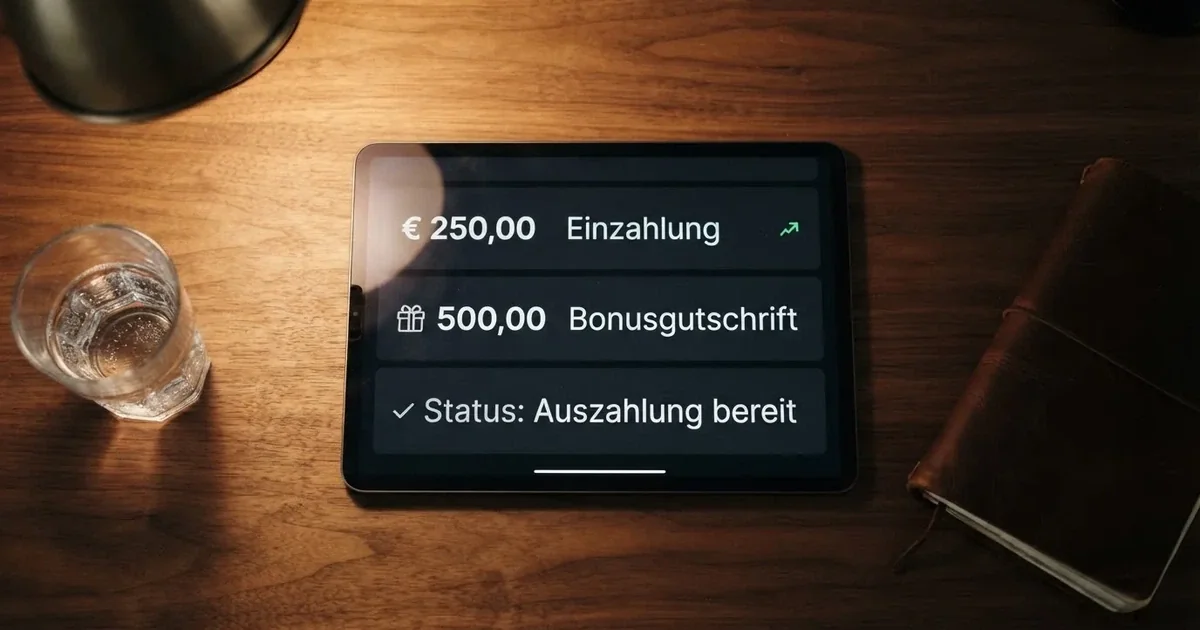 Nahaufnahme eines Tablet-Bildschirms mit einer Transaktionsliste, in der Einzahlung, Bonusgutschrift und Auszahlungsstatus untereinander aufgefuehrt sind.