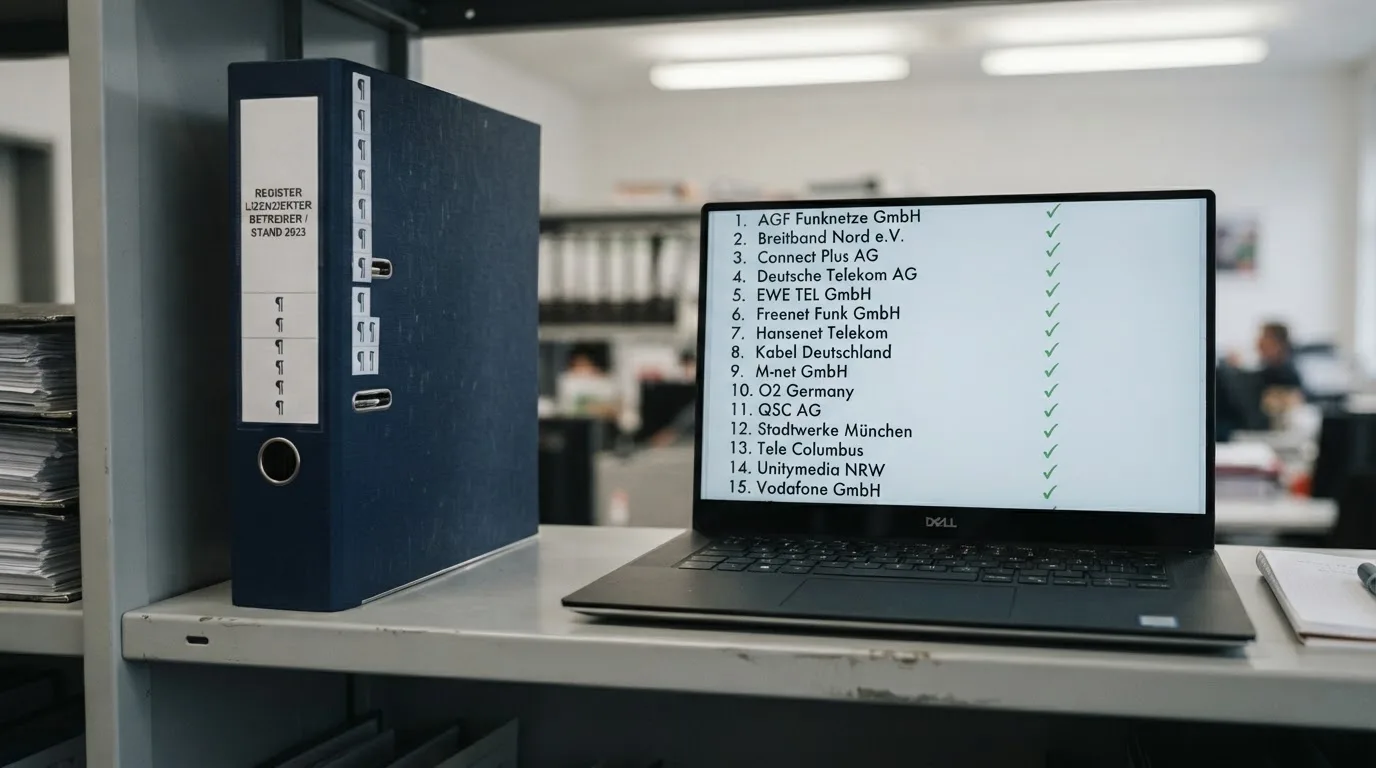 Nahaufnahme eines Aktenordners mit Paragraphenzeichen auf dem Ruecken, daneben ein aufgeklapptes Notebook mit einer Uebersichtsliste lizenzierter Anbieter.