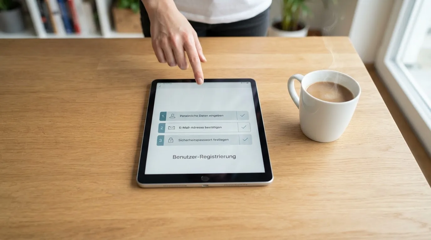 Schreibtisch mit einem Tablet, auf dem ein Schema mit nummerierten Schritten eines Anmeldevorgangs zu sehen ist, daneben ein Kaffeebecher.
