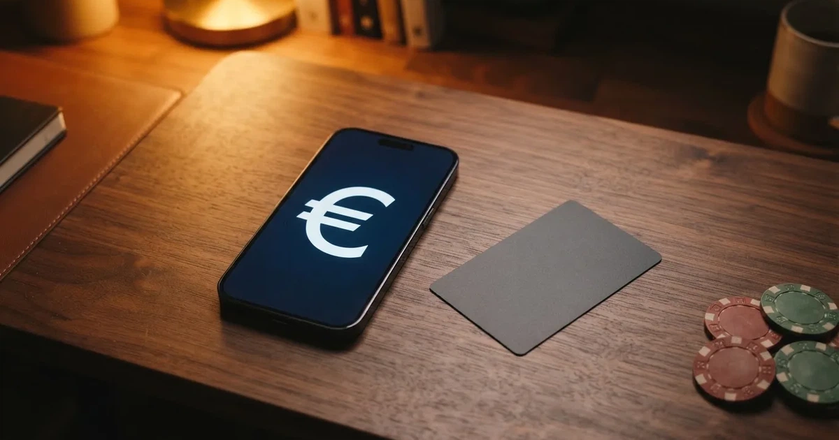 Schreibtisch mit einem Smartphone, auf dessen Bildschirm eine Kontobewegung mit Datum und Betrag in Euro angezeigt wird, daneben eine Bankkarte.