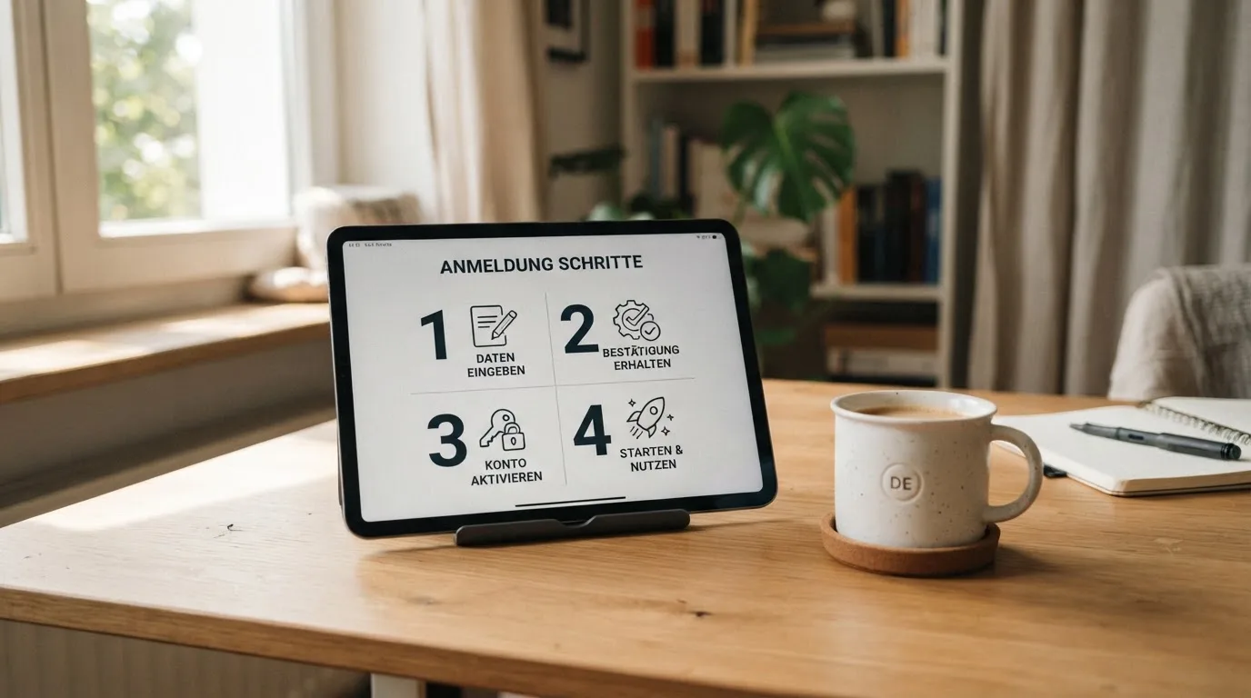 Schreibtisch mit einem Tablet, auf dem ein Schema mit nummerierten Schritten eines Anmeldevorgangs zu sehen ist, daneben ein Kaffeebecher.