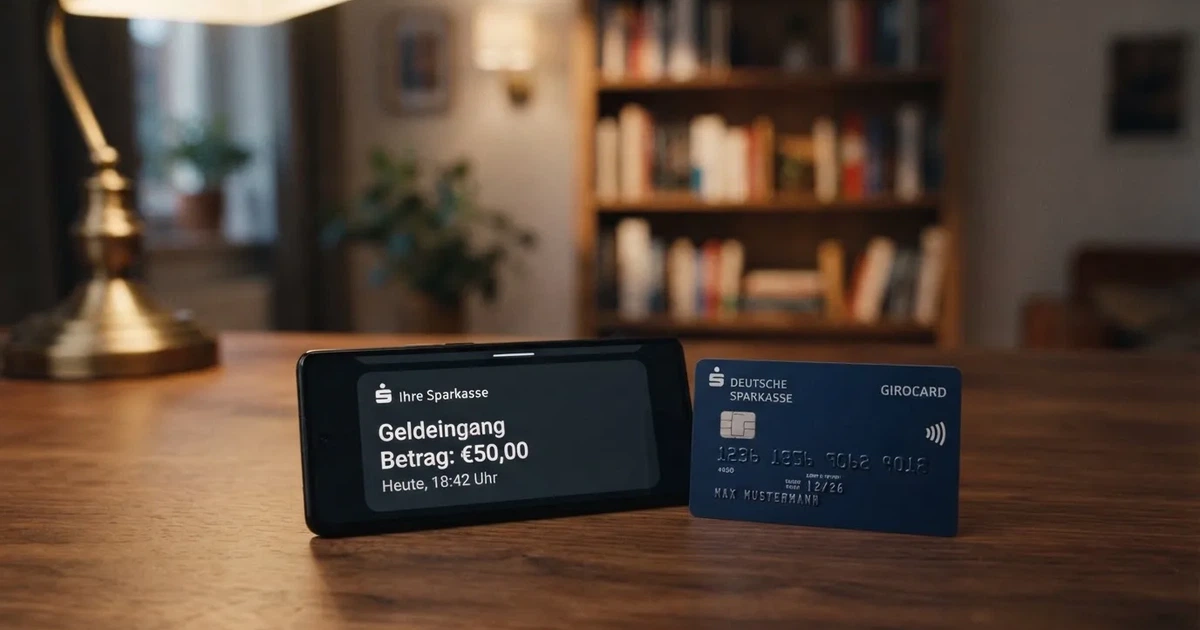 Schreibtisch mit einem Smartphone, auf dessen Bildschirm eine Kontobewegung mit Datum und Betrag in Euro angezeigt wird, daneben eine Bankkarte.