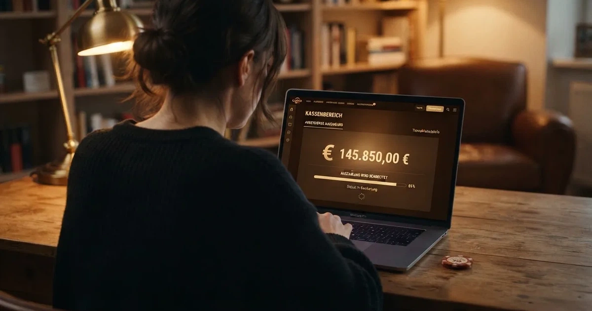Bildschirm einer Kassenseite mit Auszahlungsbetrag und Bearbeitungsstatus in einem Online-Casino.