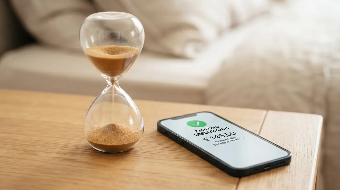 Nahaufnahme einer Sanduhr neben einem Smartphone-Bildschirm mit einer Zahlungsbestätigung.