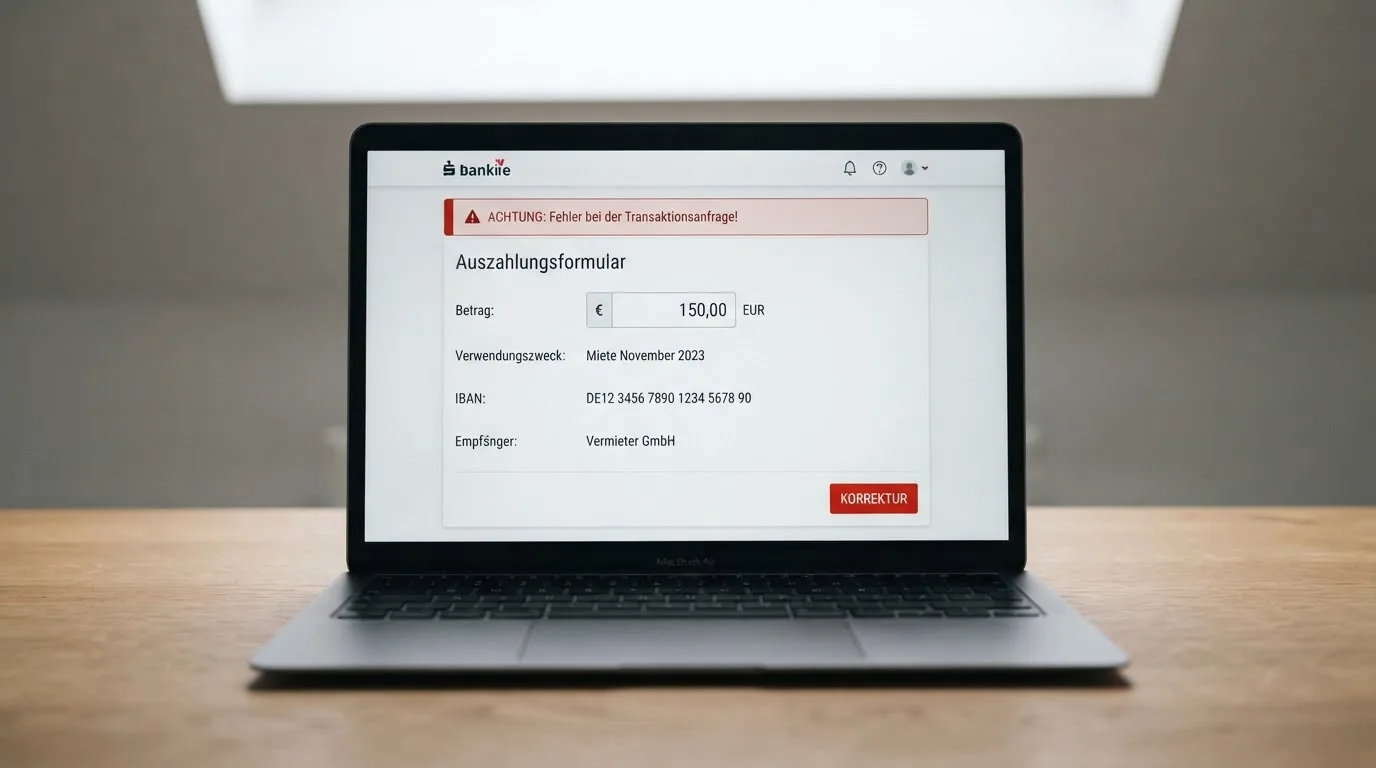 Nahaufnahme eines Bildschirms mit einer Fehlermeldung neben einem Auszahlungsformular.