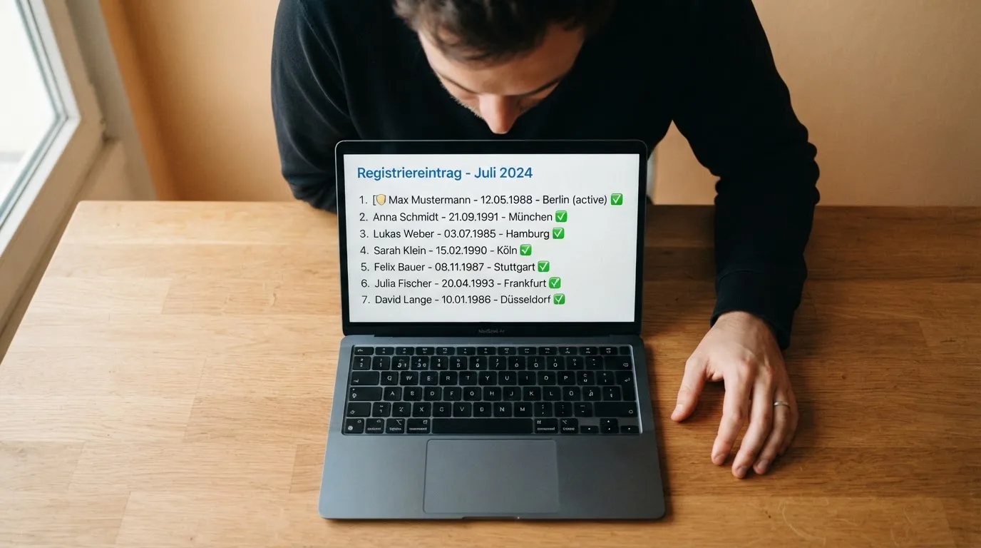 Nahaufnahme einer gedruckten Anbieterliste neben einem amtlichen Prüfsiegel.