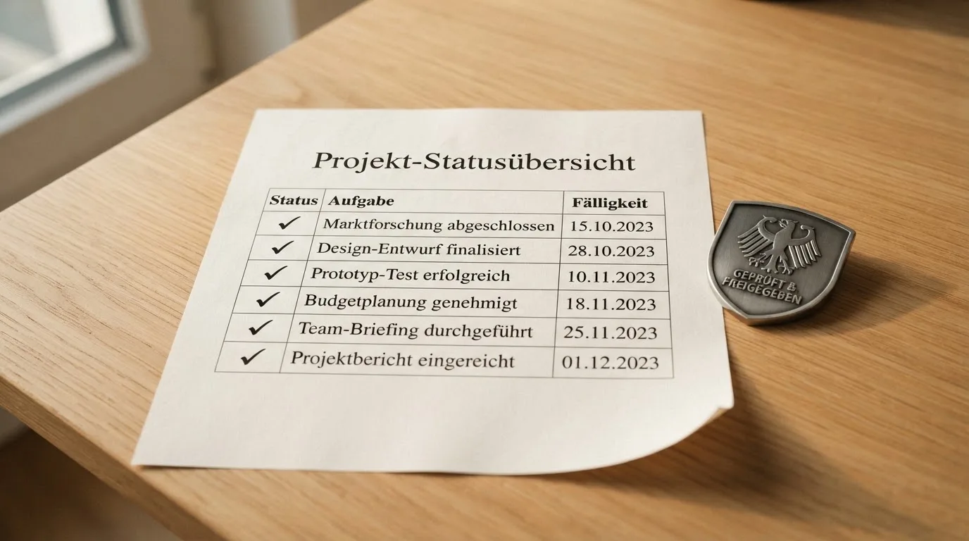 Nahaufnahme einer gedruckten Anbieterliste neben einem amtlichen Prüfsiegel.
