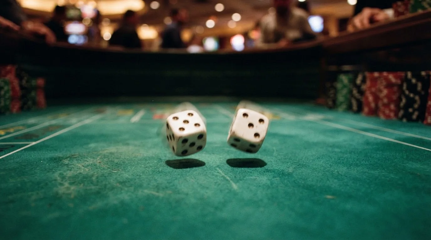 Nahaufnahme zweier rollender Würfel auf einem grünen Spieltisch.