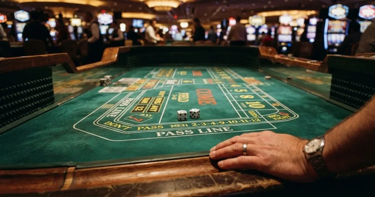 Nahaufnahme eines Craps-Tisches mit zwei Würfeln und mehreren Setzfeldern.
