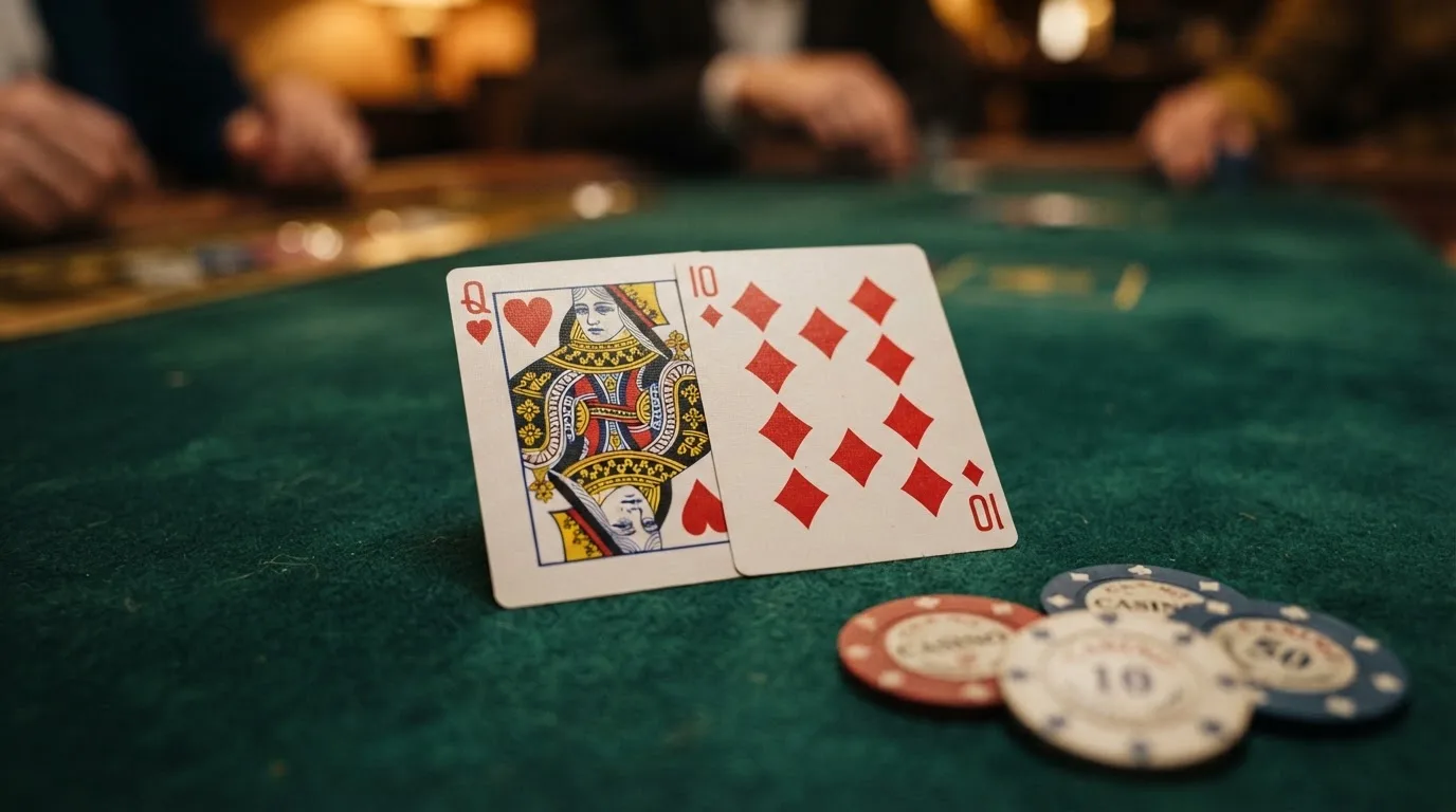 Nahaufnahme zweier aufgedeckter Spielkarten neben einem grünen Kartentisch.