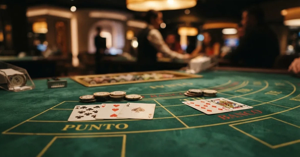 Nahaufnahme eines Baccarat-Tisches mit Spielkarten und Setzfeldern für Punto und Banco.