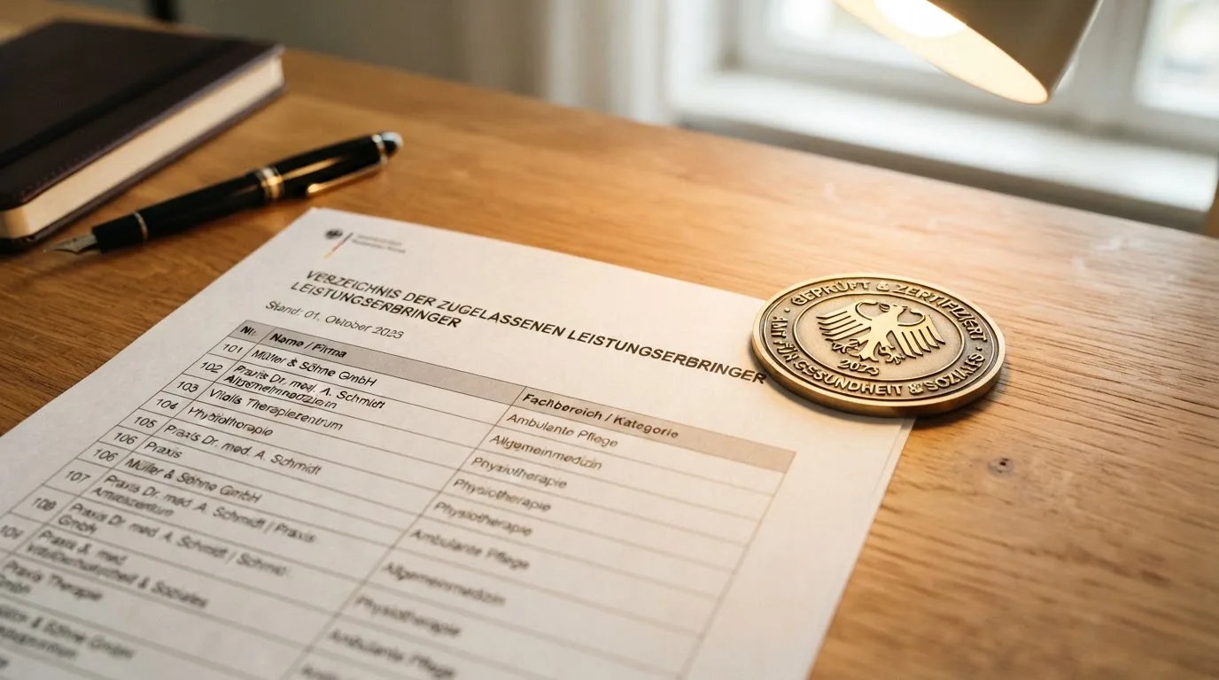 Nahaufnahme einer gedruckten Anbieterliste neben einem amtlichen Prüfsiegel.