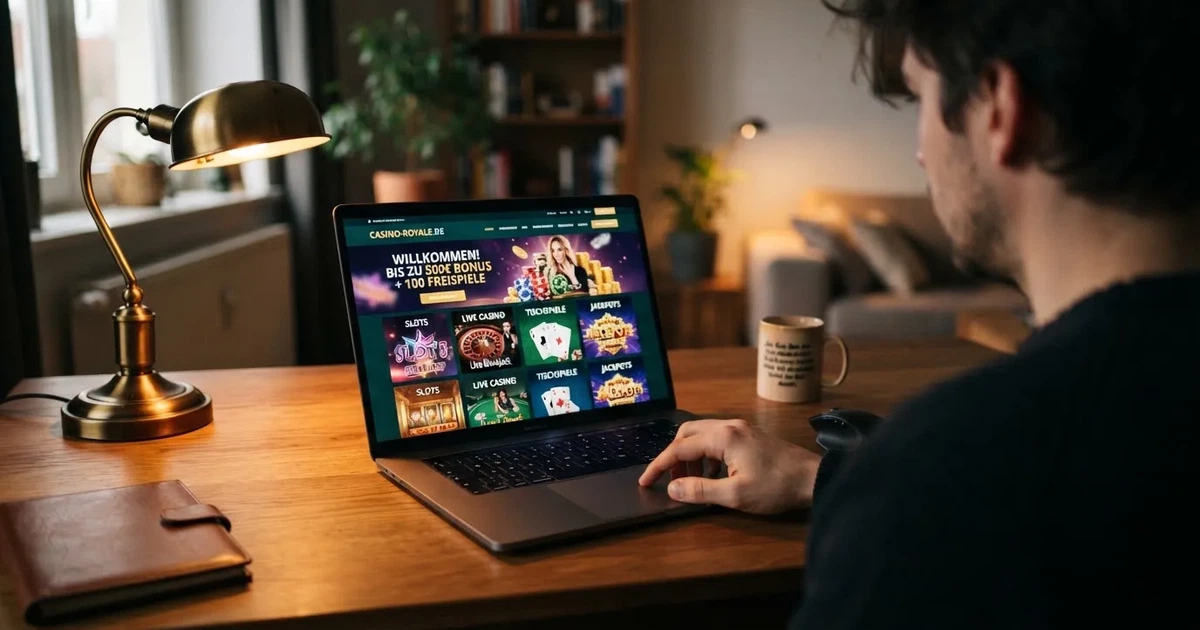 Bildschirm mit einer Startseite eines Online-Casinos mit mehreren Spielkategorien.