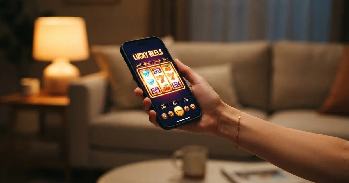 Nahaufnahme einer Hand, die ein Smartphone mit einer App-Startseite hält, im Hintergrund unscharf ein Wohnzimmer.