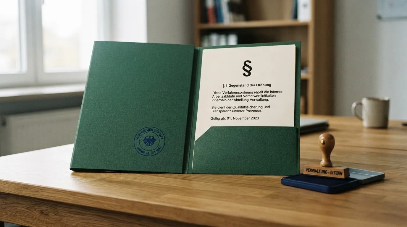 Symbolbild eines Aktenordners mit Paragraphenzeichen und einem Stempel auf einem Schreibtisch.