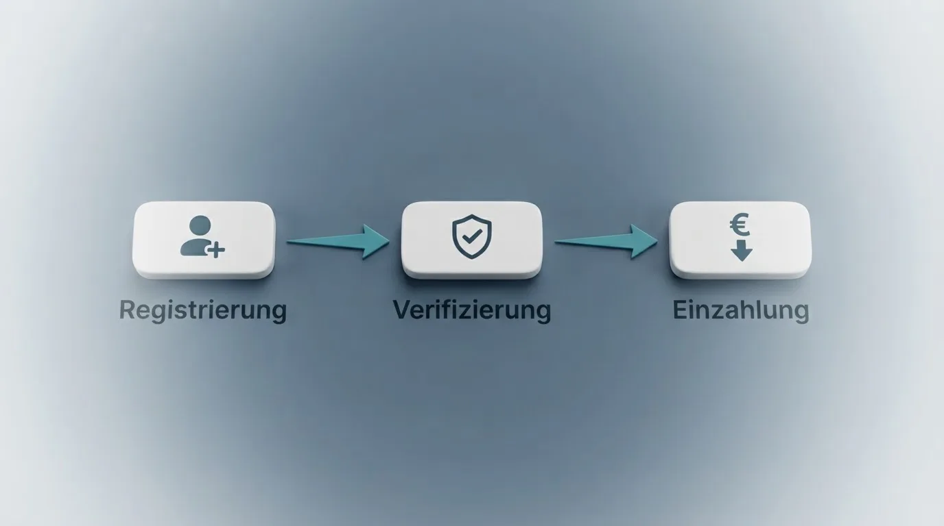 Schematische Darstellung eines Ablaufs von Kontoeröffnung über Identitätsprüfung bis zur ersten Einzahlung als einfaches Liniendiagramm.