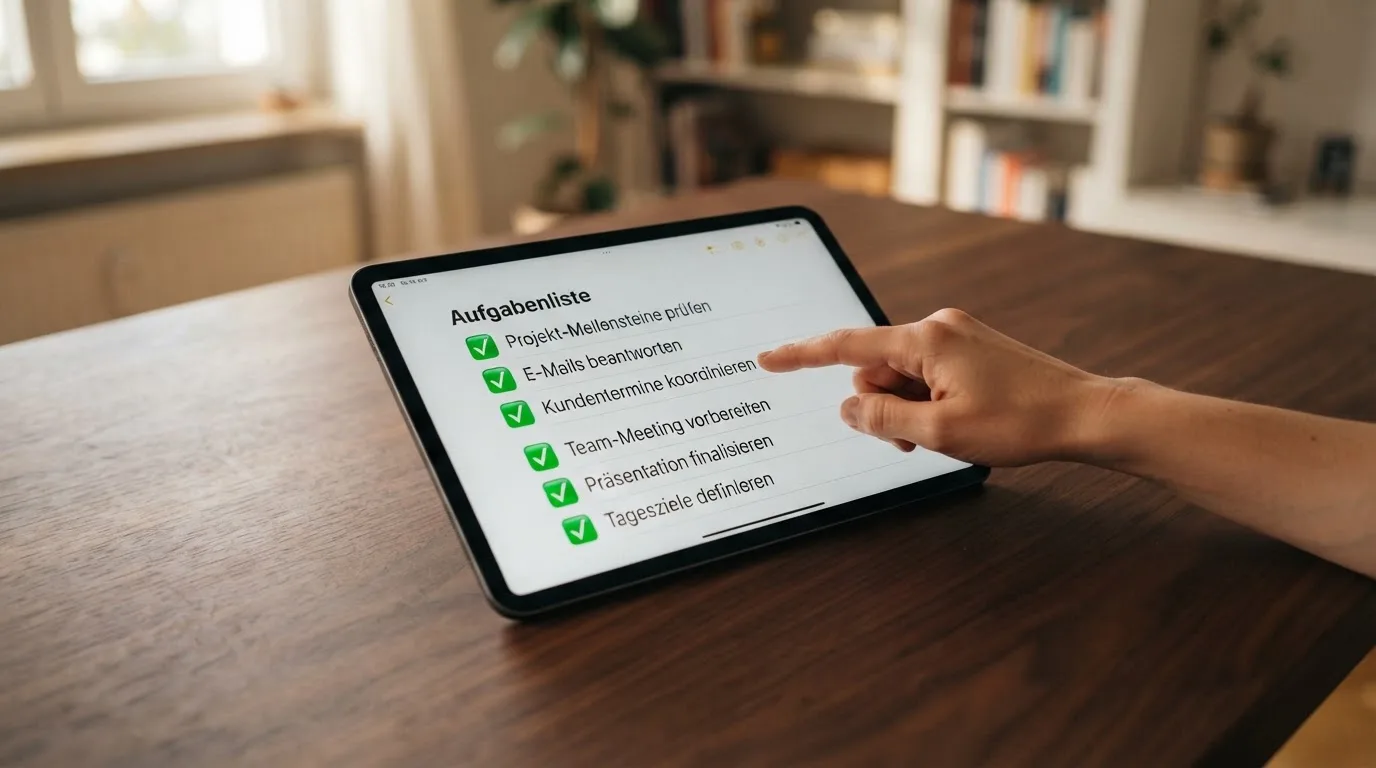 Tablet mit einer digitalen Liste und Häkchen-Symbolen auf einem Schreibtisch.