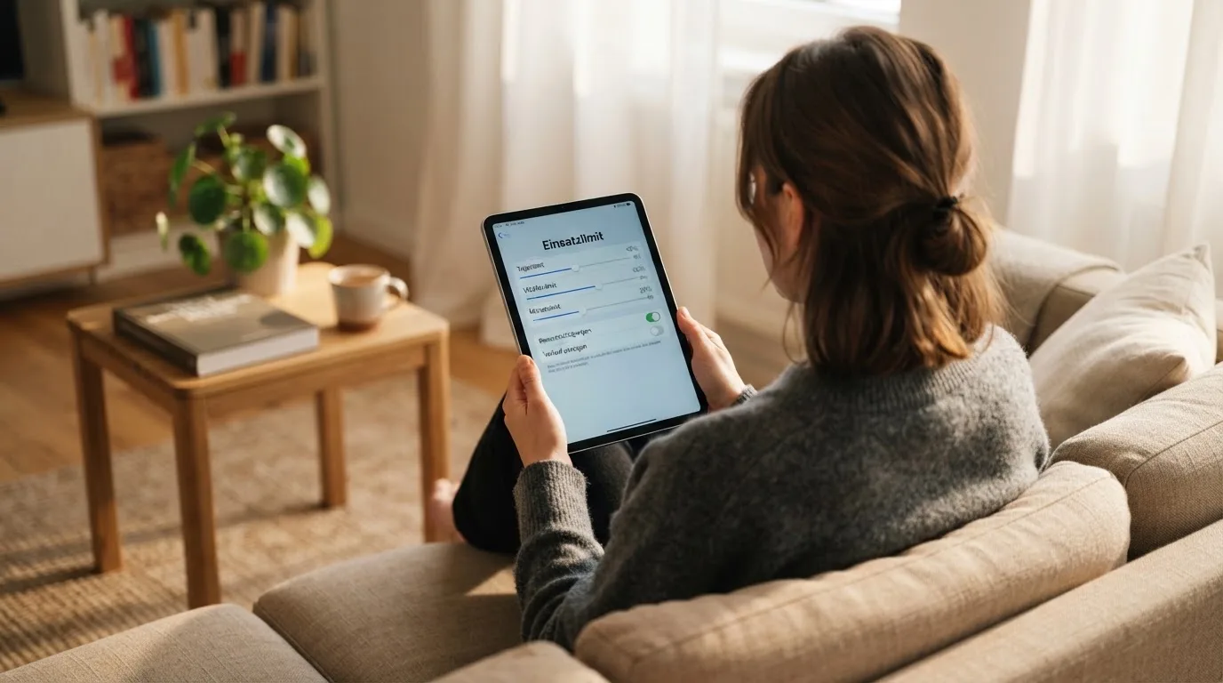 Person betrachtet nachdenklich eine App mit Einstellungsmenü auf einem Tablet in einem ruhigen Wohnzimmer.