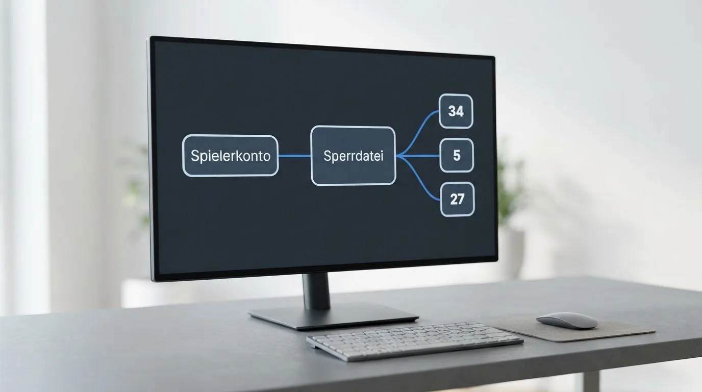 Schema eines Datenabgleichs zwischen einem Spielerkonto und einer zentralen Sperrdatei auf einem Monitor.