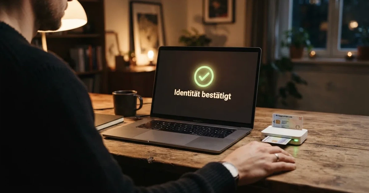 Person legitimiert sich per Online-Ausweisfunktion an einem Laptop mit Kartenlesegerät.