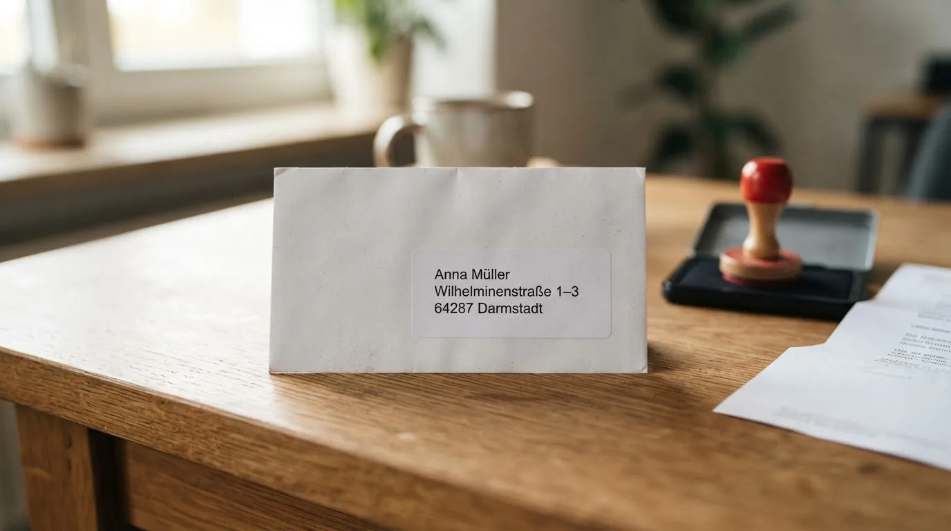 Briefumschlag mit Adressaufkleber auf einem Schreibtisch neben einem Aktenstempel.