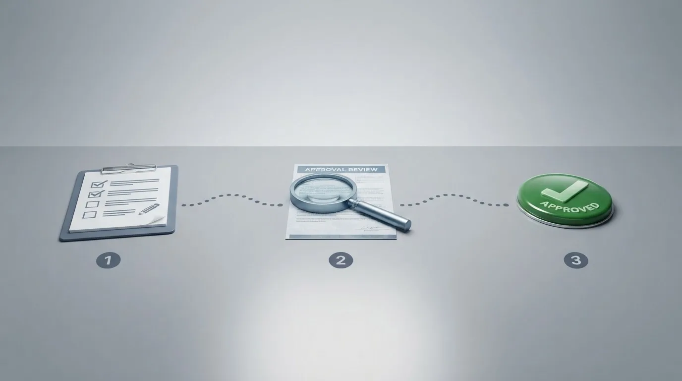 Schematische Darstellung eines Zulassungsprozesses mit mehreren Prüfstationen.