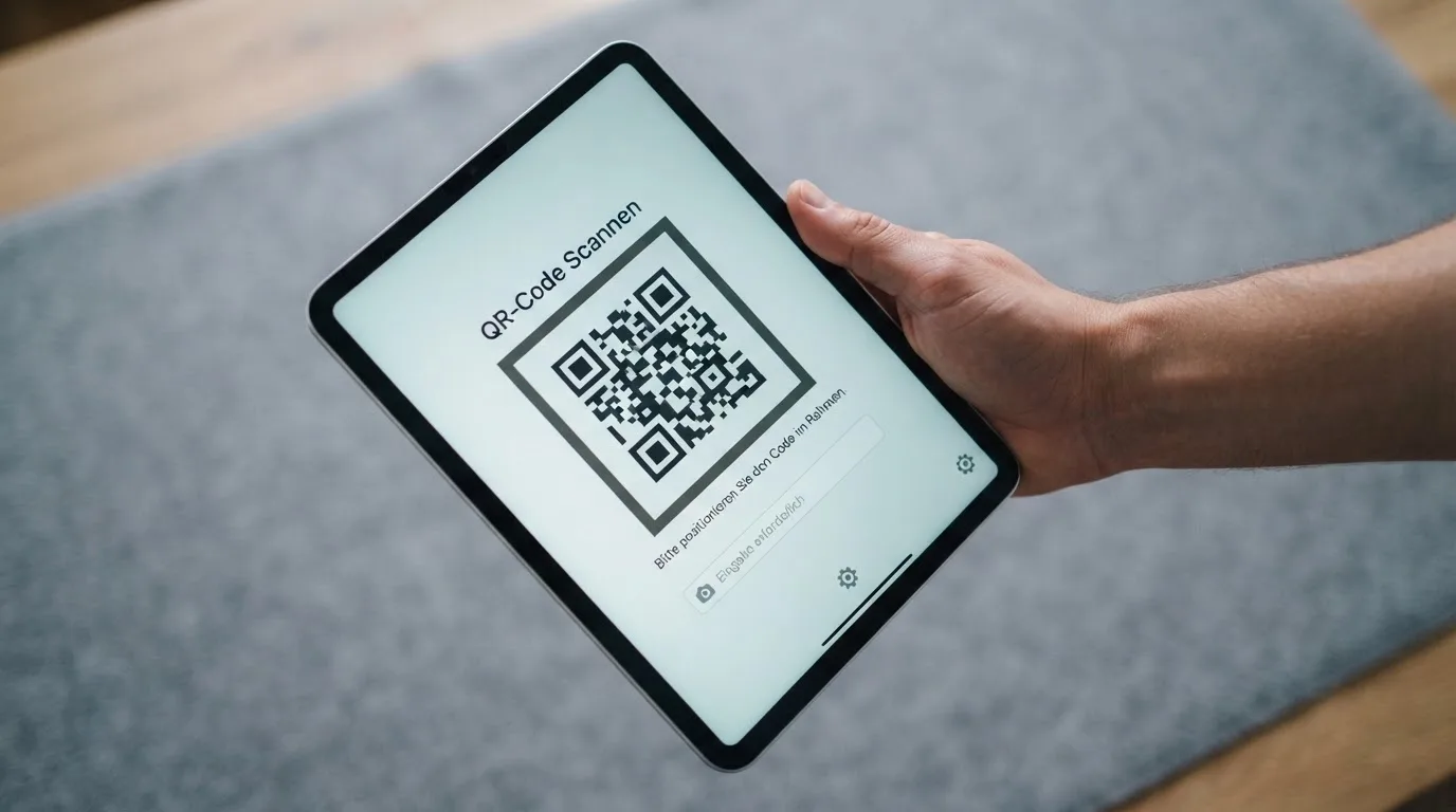 Nahaufnahme einer Hand, die auf einem Tablet einen QR-Code für eine Kryptowährungs-Einzahlung scannt.