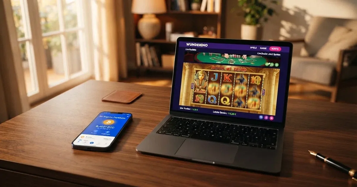 Smartphone-Bildschirm zeigt eine Kryptowährungs-Wallet mit einem BNB-Guthaben neben einem Laptop mit einer Casino-Weboberfläche.