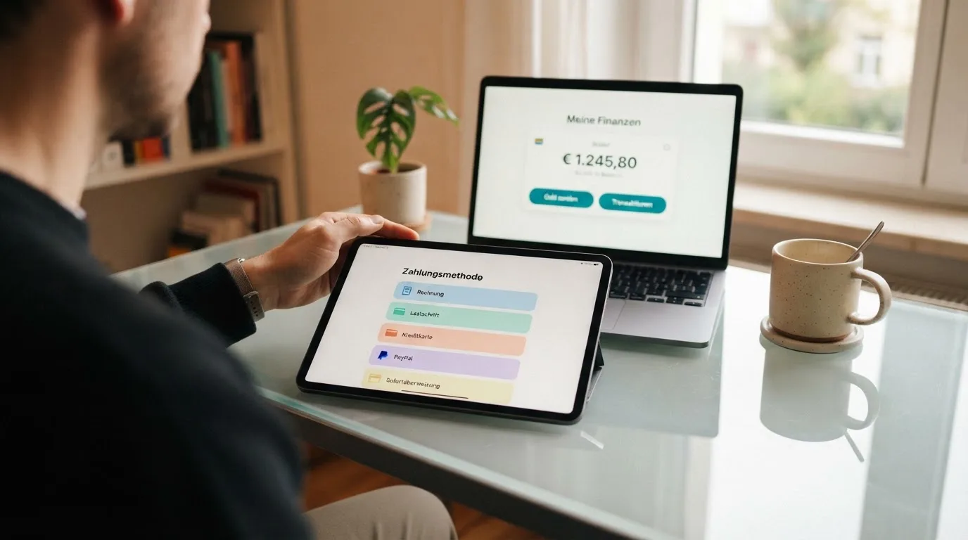 Person zeigt auf einem Tablet eine Liste von Zahlungsmethoden, während im Hintergrund ein Laptop mit einer Wallet-App steht.