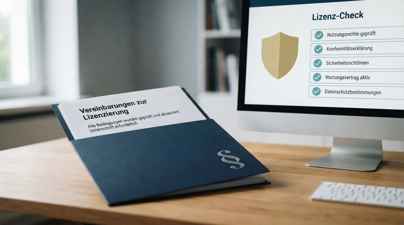 Nahaufnahme eines Aktenordners mit Paragraphenzeichen neben einem Computerbildschirm mit einer Behördenseite.