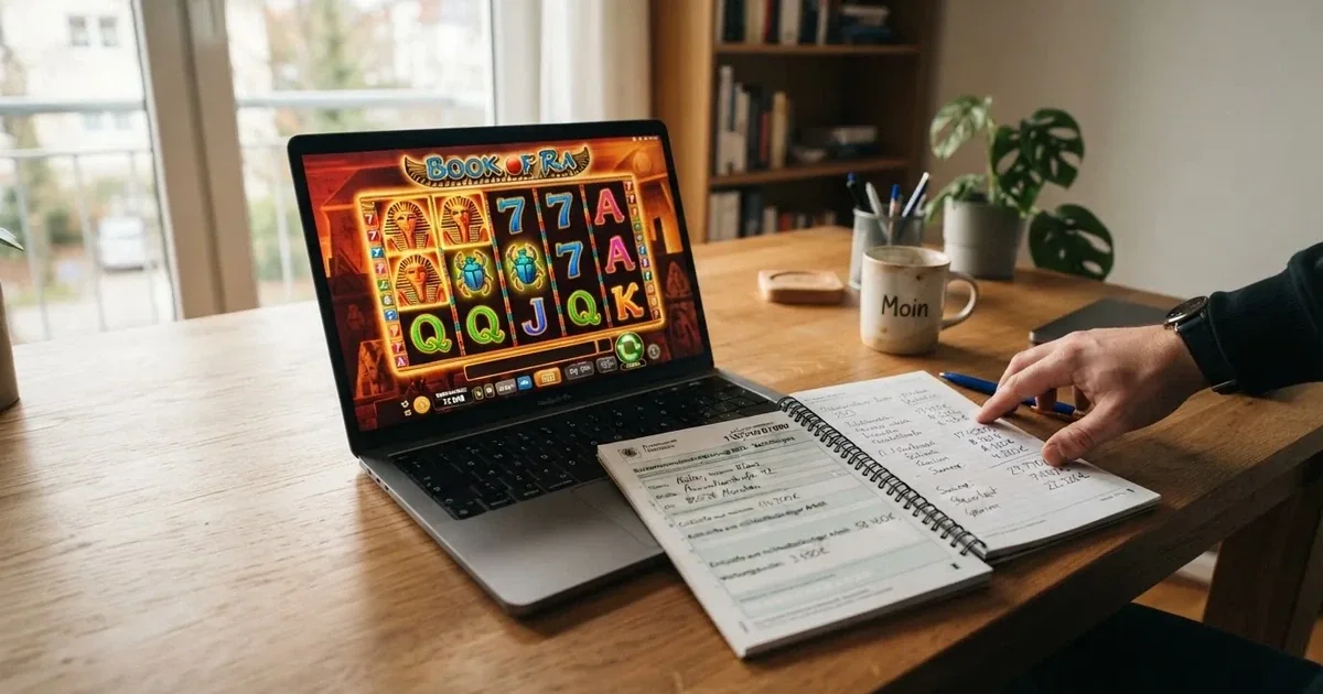 Nahaufnahme eines Taschenrechners neben einem Steuerformular und einem Laptop mit einer Casino-Webseite.