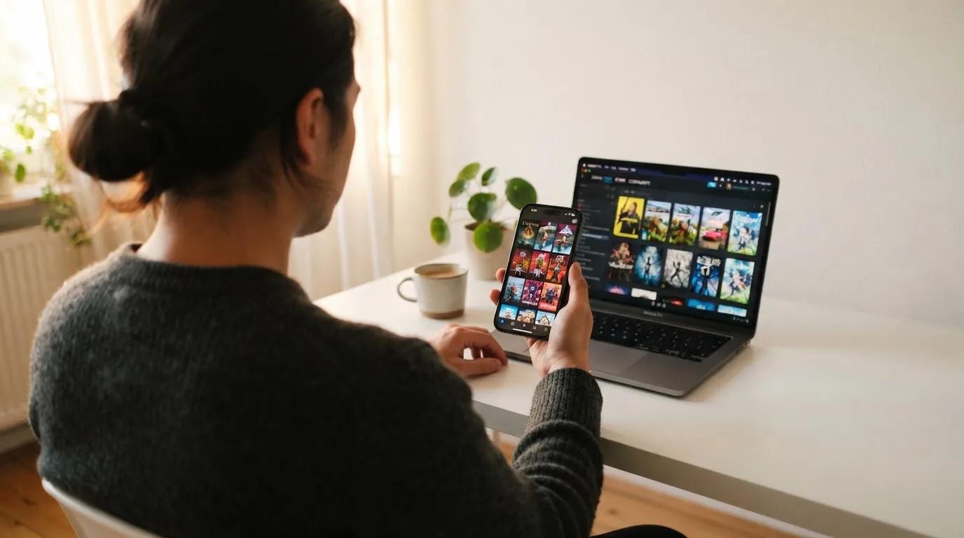 Person hält ein Smartphone mit einer geöffneten Casino-App vor einem Laptop-Bildschirm.