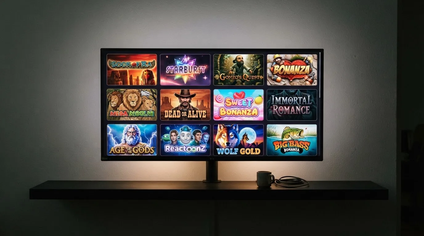Nahaufnahme eines Bildschirms mit einer Kachel-Übersicht verschiedener Spielautomaten.