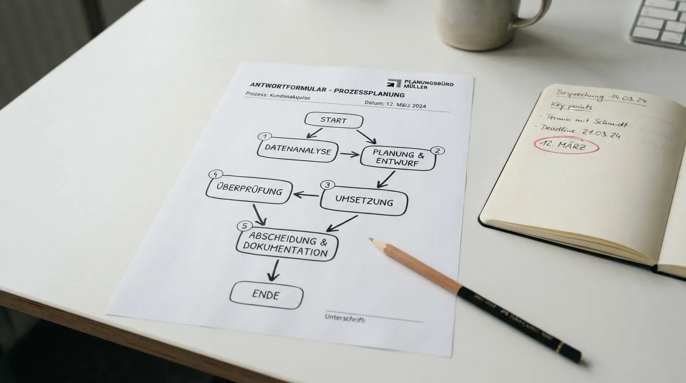 Nahaufnahme eines Formulars mit einem Ablaufdiagramm neben einem Kalender.