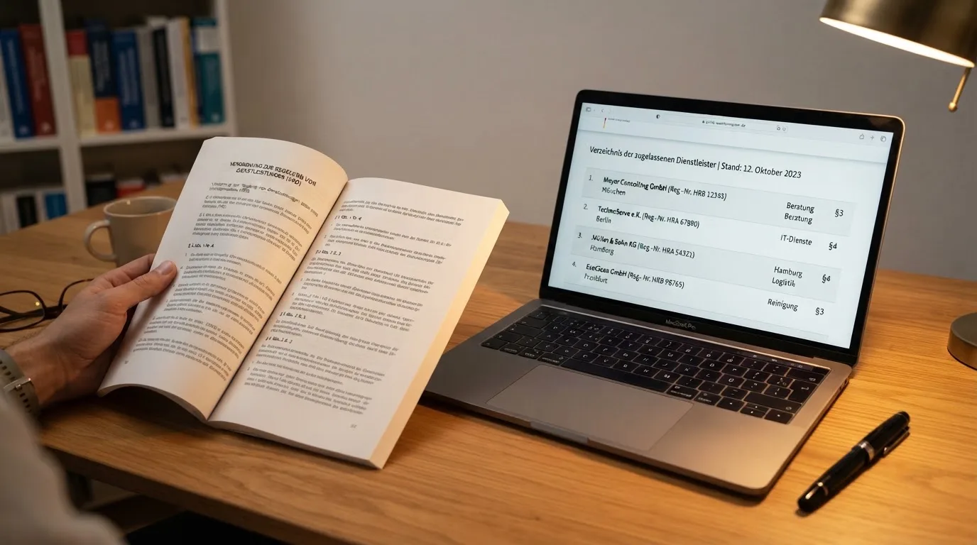 Nahaufnahme eines Gesetzestextes neben einem Laptop-Bildschirm mit einer Behördenseite.