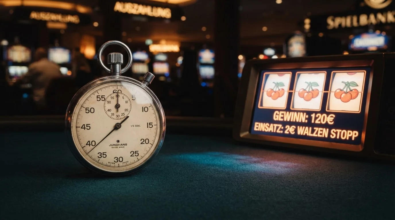 Symbolbild einer Stoppuhr neben einem Spielautomaten-Bildschirm, das ein Zeitintervall andeutet.