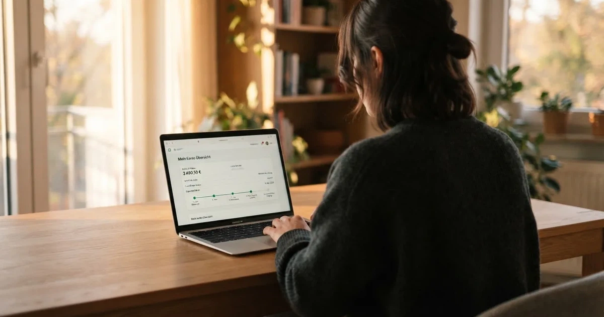 Person prüft am Laptop eine Kontoübersicht mit Auszahlungsstatus und Kalenderdatum.